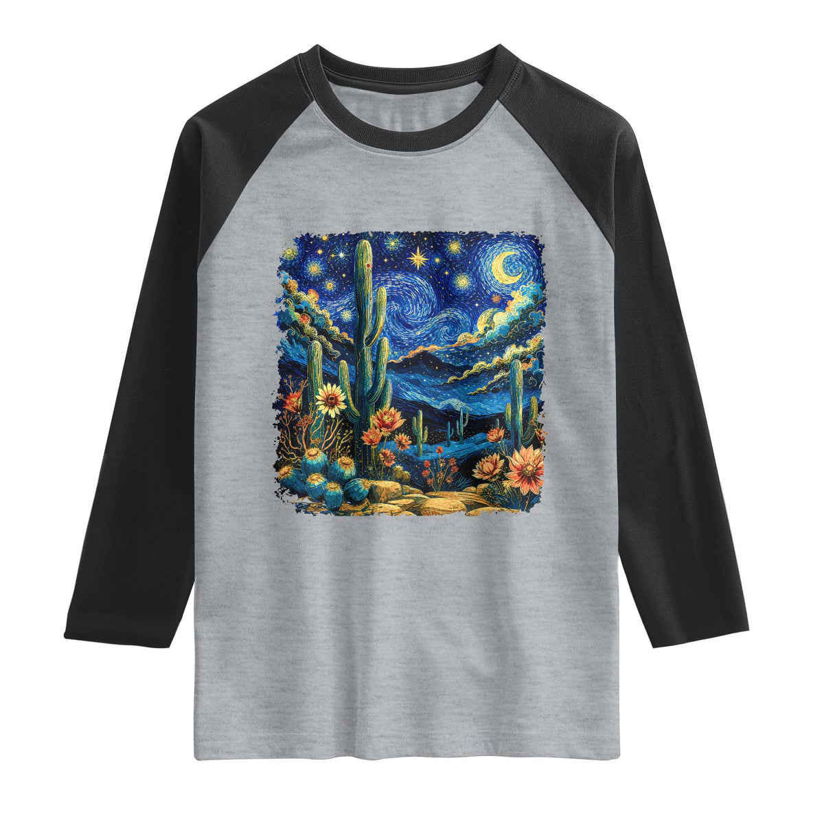 Desert Night Cactus Starry Night Arizona Stars Sky Nature Lover Gift Raglan Shirt TS14 Heather Gray Black Print Your Wear