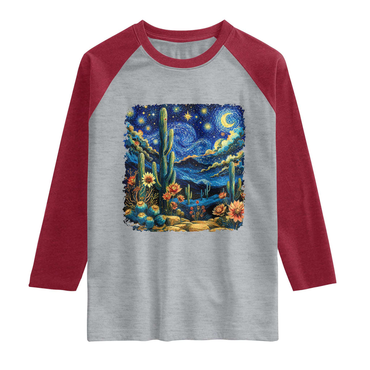 Desert Night Cactus Starry Night Arizona Stars Sky Nature Lover Gift Raglan Shirt TS14 Heather Gray Heather Red Print Your Wear