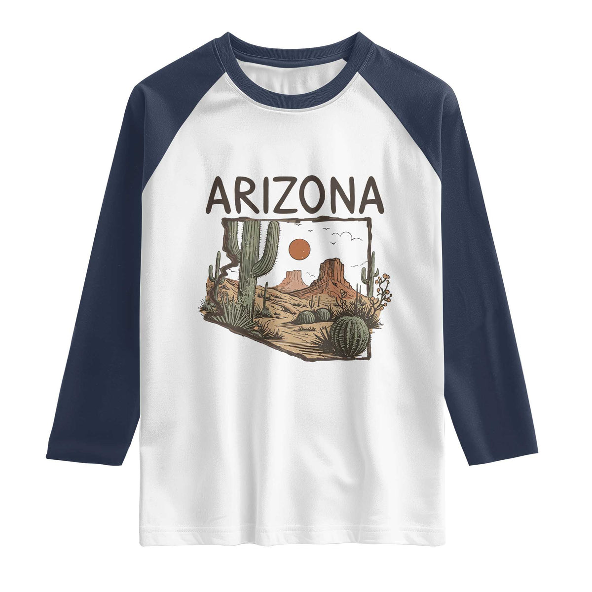 Arizona State Map Desert Landscape Cactus Southwest Raglan Shirt TS14 White Navy Print Your Wear