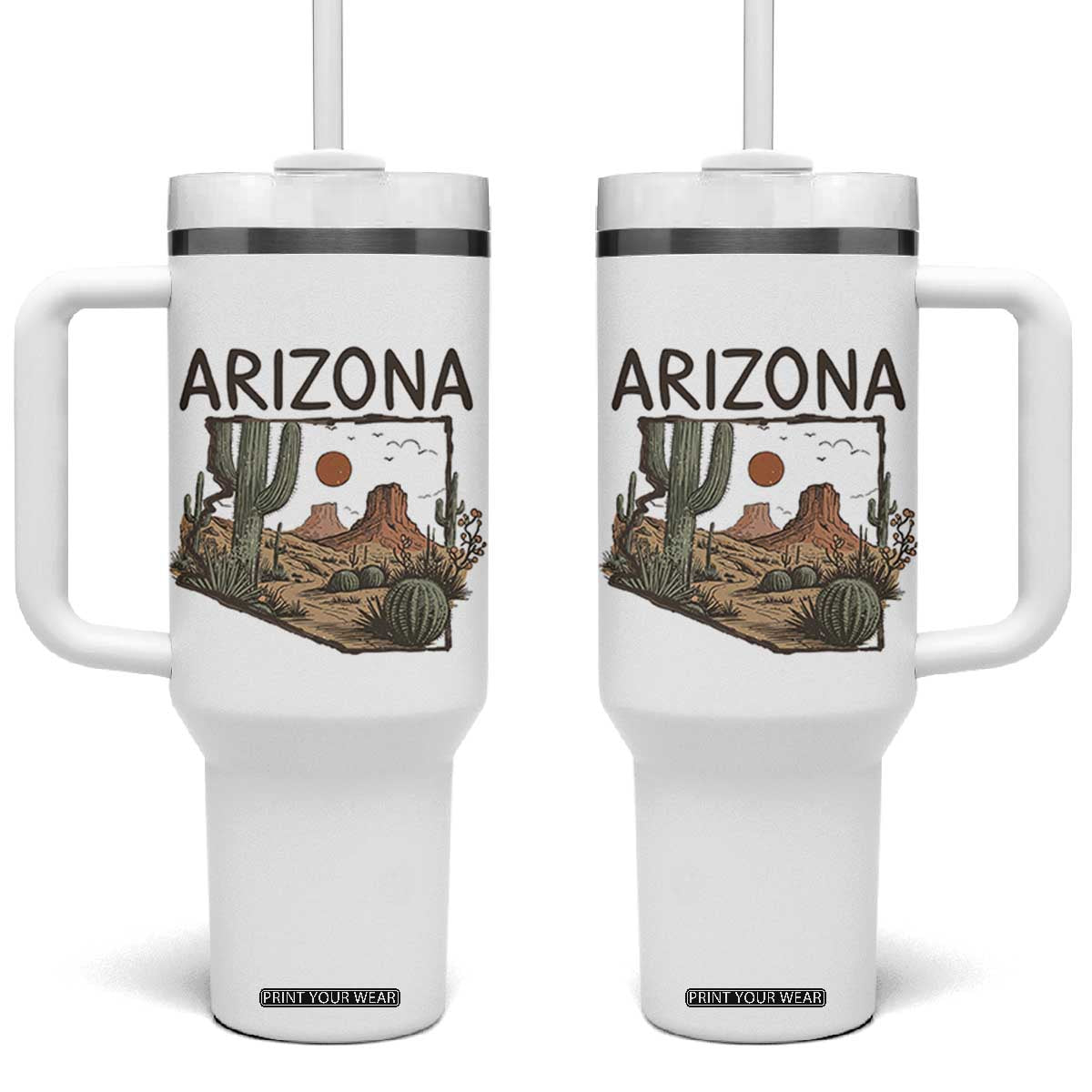 Arizona State Map Desert Landscape Cactus Southwest Tumbler With Handle TS14 One Size: 40 oz White Print Your Wear