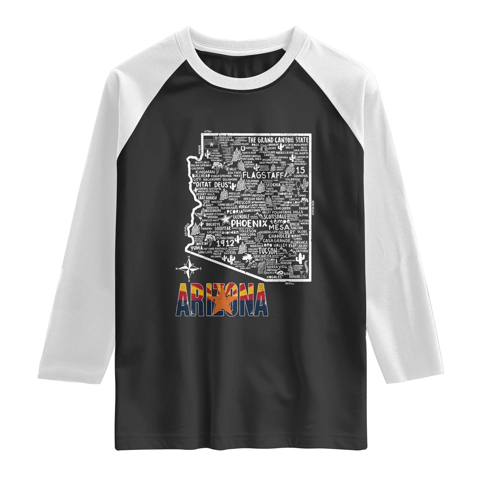 Arizona Map Phoenix Sedona Tucson Southwest Travel Raglan Shirt TS14 Black White Print Your Wear