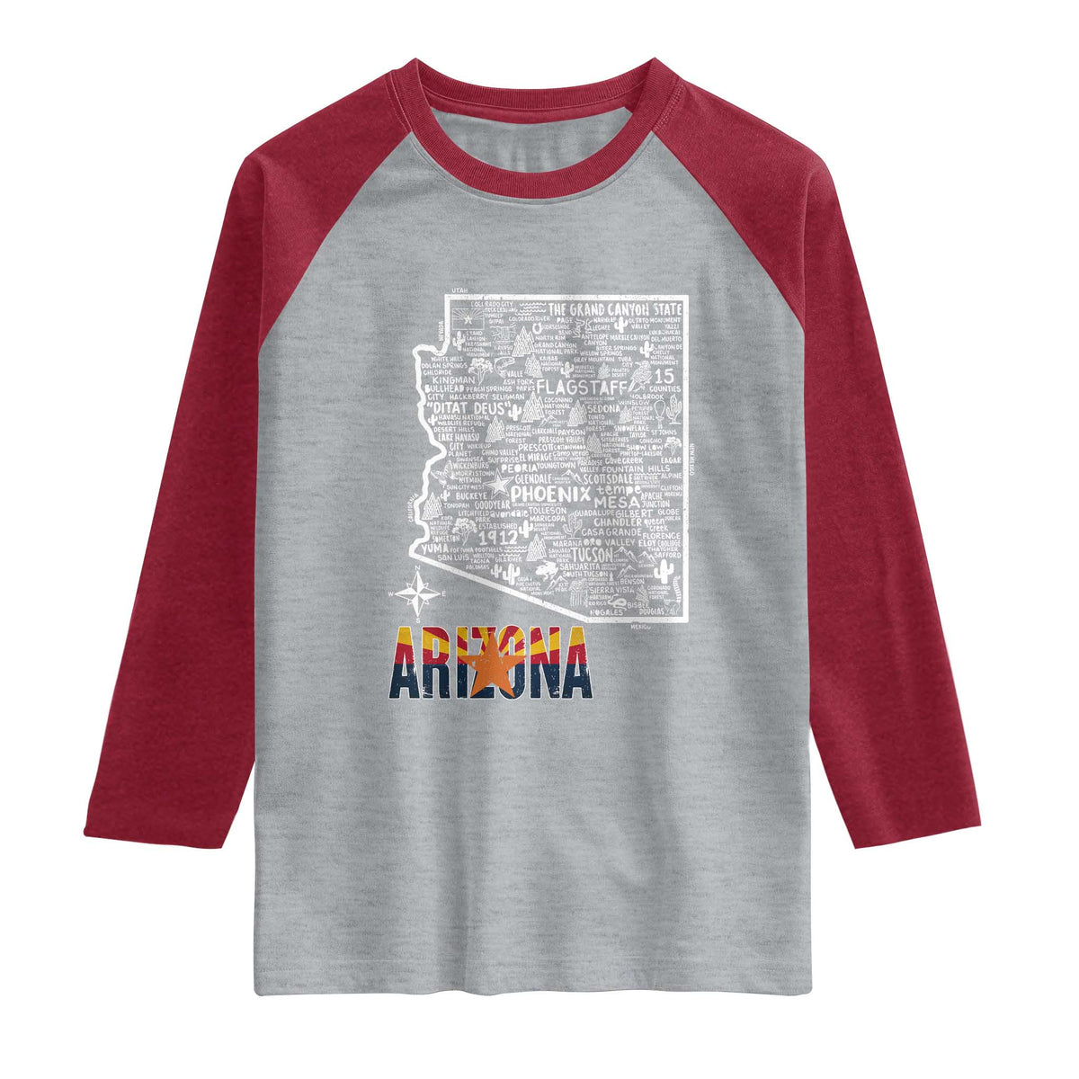Arizona Map Phoenix Sedona Tucson Southwest Travel Raglan Shirt TS14 Heather Gray Heather Red Print Your Wear