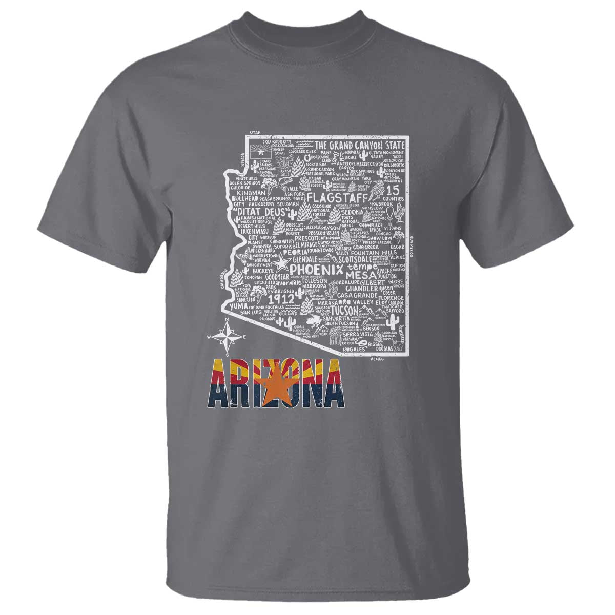 Arizona Map Phoenix Sedona Tucson Southwest Travel T Shirt TS14 Charcoal Print Your Wear