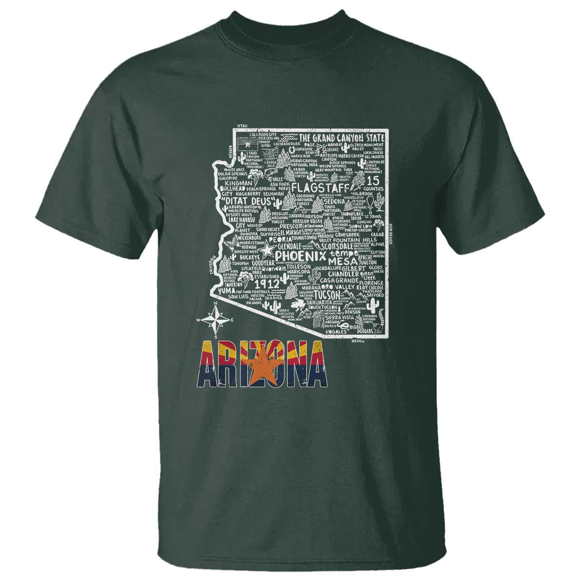 Arizona Map Phoenix Sedona Tucson Southwest Travel T Shirt TS14 Dark Forest Green Print Your Wear