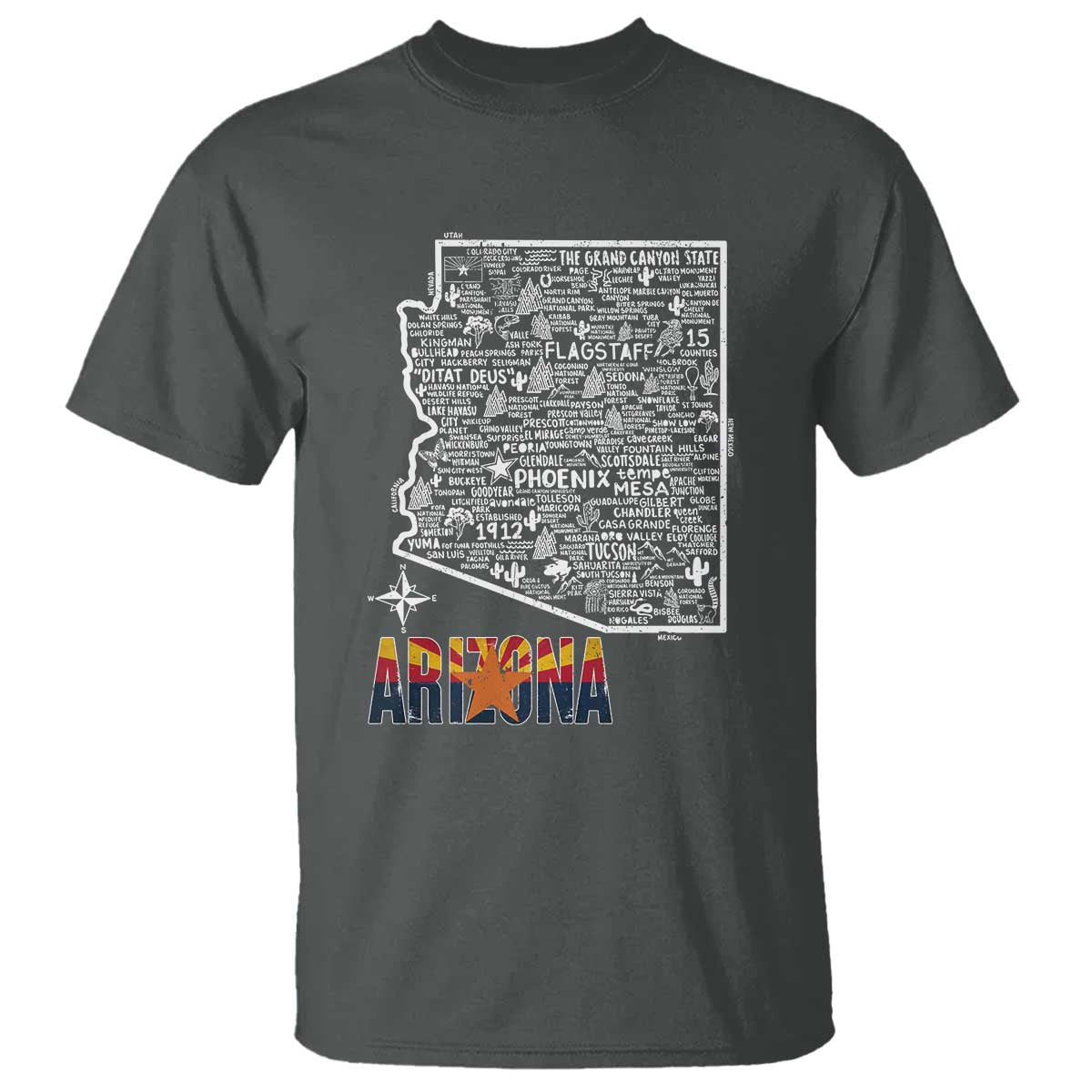 Arizona Map Phoenix Sedona Tucson Southwest Travel T Shirt TS14 Dark Heather Print Your Wear