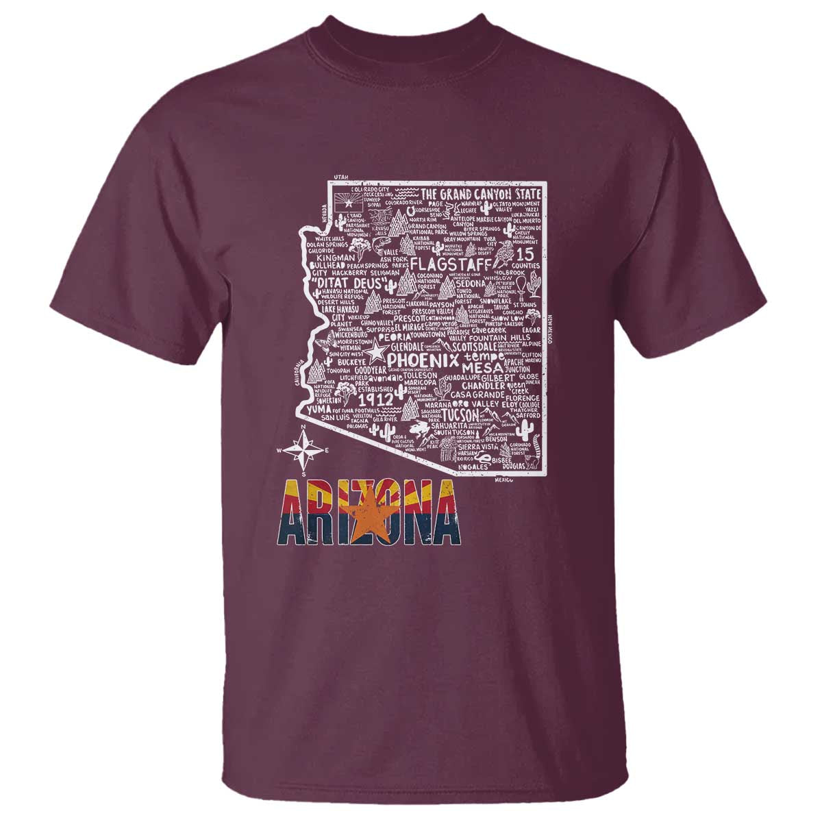 Arizona Map Phoenix Sedona Tucson Southwest Travel T Shirt TS14 Maroon Print Your Wear