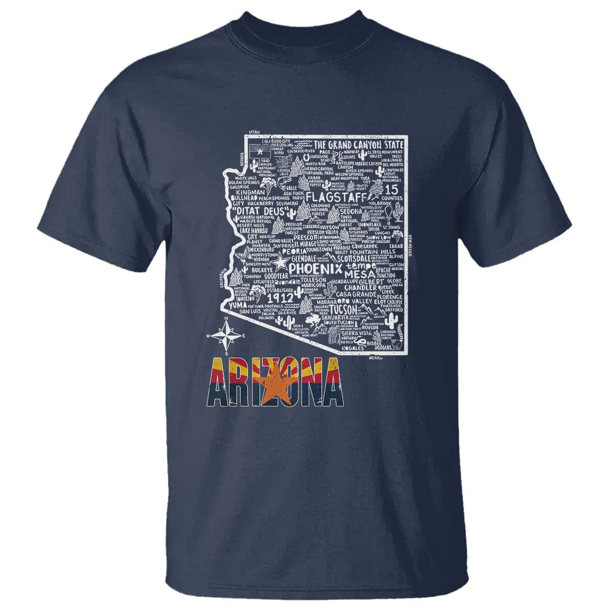 Arizona Map Phoenix Sedona Tucson Southwest Travel T Shirt TS14 Navy Print Your Wear