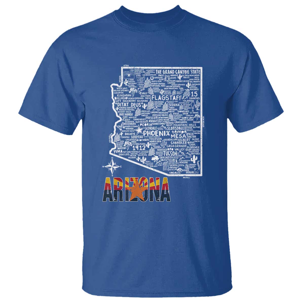 Arizona Map Phoenix Sedona Tucson Southwest Travel T Shirt TS14 Royal Blue Print Your Wear