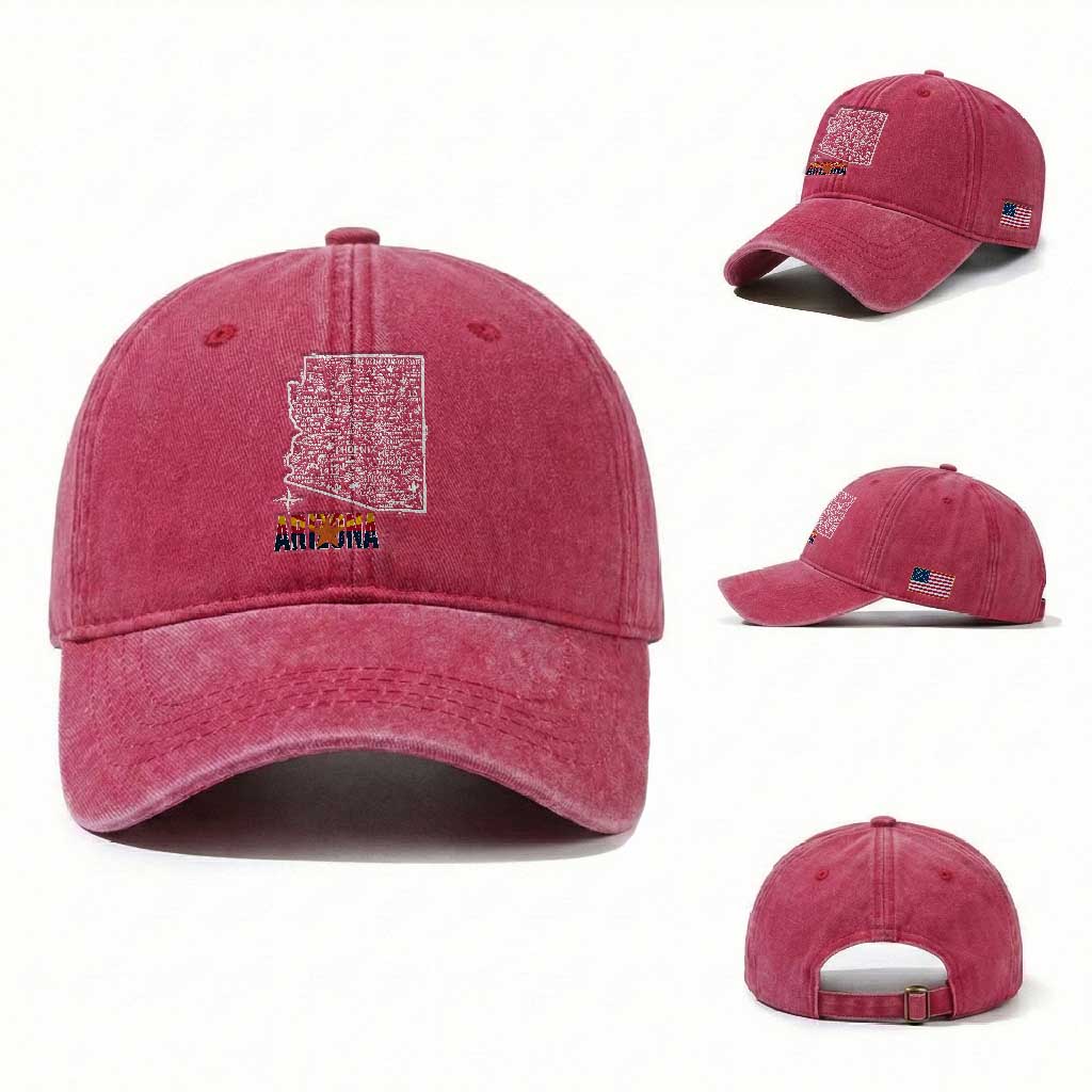 Arizona Map Phoenix Sedona Tucson Southwest Travel Washed Cotton Baseball Cap TS14 Washed Cap Universal Fit Red Print Your Wear