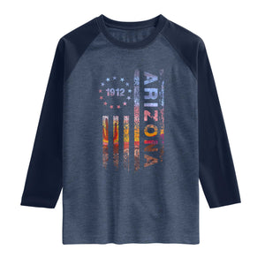 Arizona American Flag Pride Cactus Landscape Established 1912 Raglan Shirt TS14 Heather Denim Navy Print Your Wear