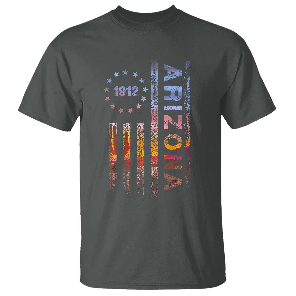 Arizona American Flag Pride Cactus Landscape Established 1912 T Shirt TS14 Dark Heather Print Your Wear