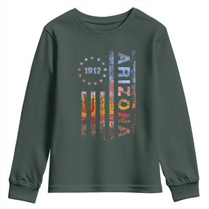 Arizona American Flag Pride Cactus Landscape Established 1912 Youth Sweatshirt TS14 Dark Forest Green Print Your Wear
