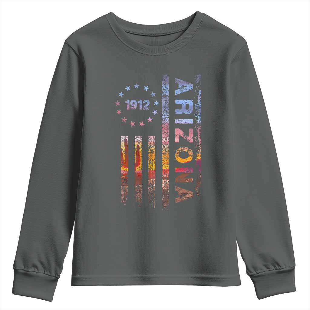 Arizona American Flag Pride Cactus Landscape Established 1912 Youth Sweatshirt TS14 Dark Heather Print Your Wear