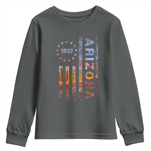 Arizona American Flag Pride Cactus Landscape Established 1912 Youth Sweatshirt TS14 Dark Heather Print Your Wear