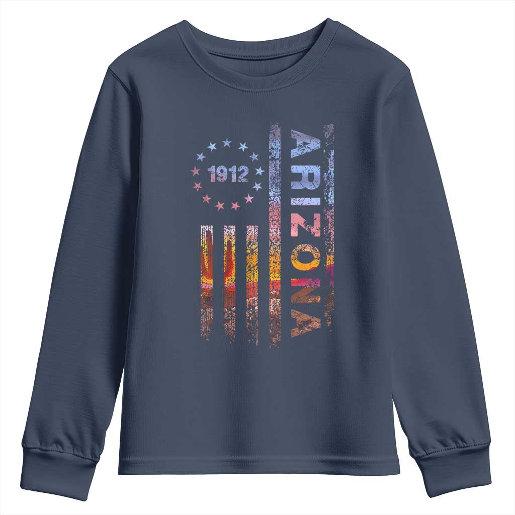 Arizona American Flag Pride Cactus Landscape Established 1912 Youth Sweatshirt TS14 Navy Print Your Wear