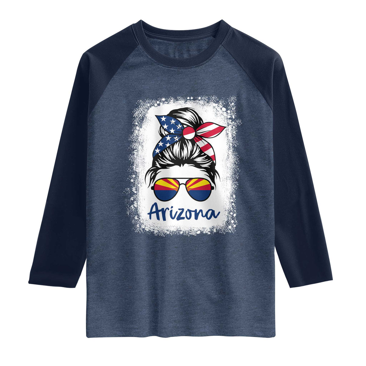 Arizona American Flag Messy Bun Pride Raglan Shirt TS14 Heather Denim Navy Print Your Wear
