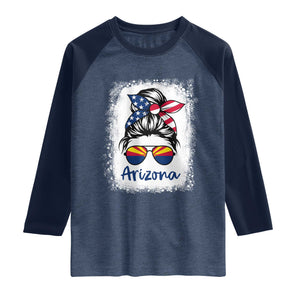 Arizona American Flag Messy Bun Pride Raglan Shirt TS14 Heather Denim Navy Print Your Wear