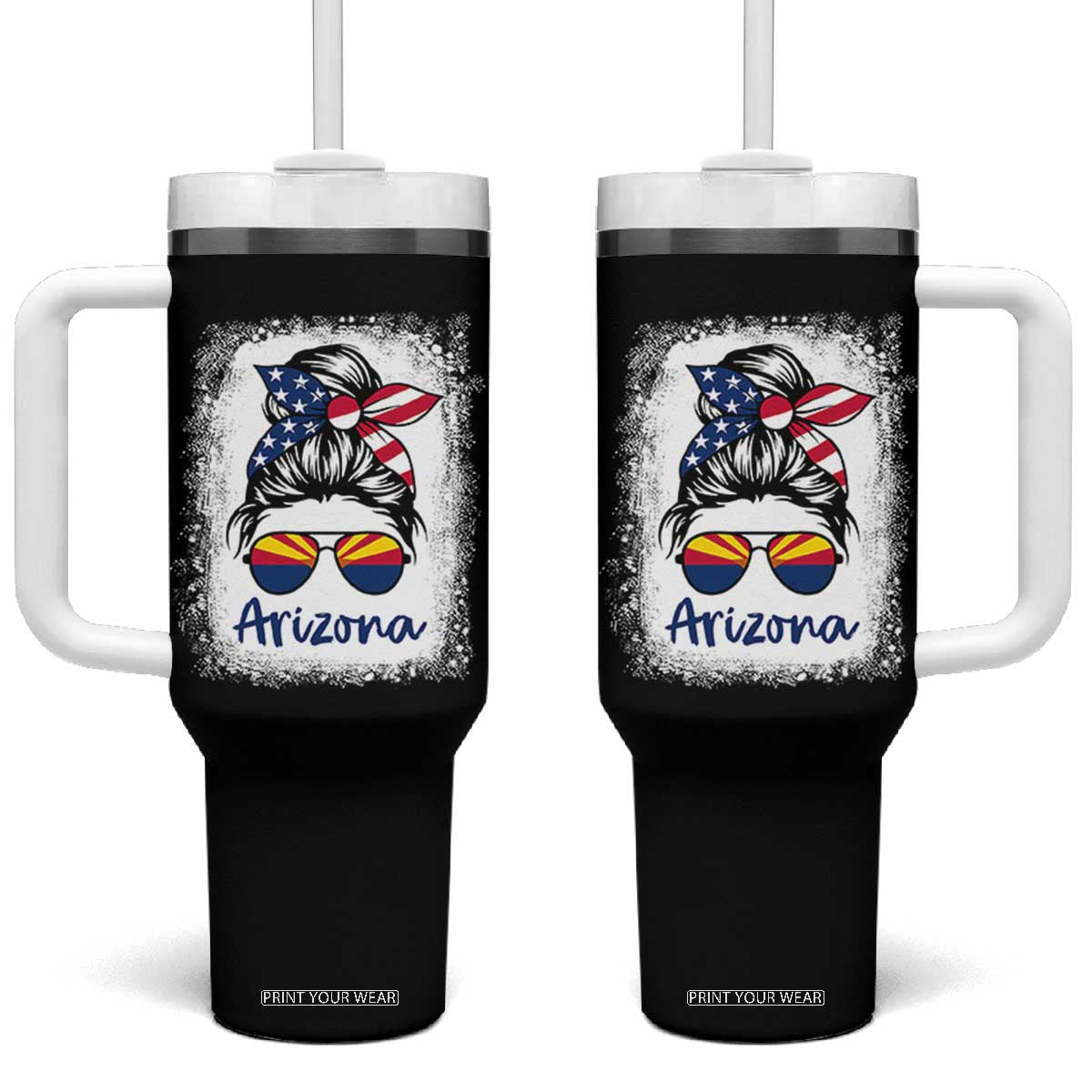 Arizona American Flag Messy Bun Pride Tumbler With Handle TS14 One Size: 40 oz Black Print Your Wear