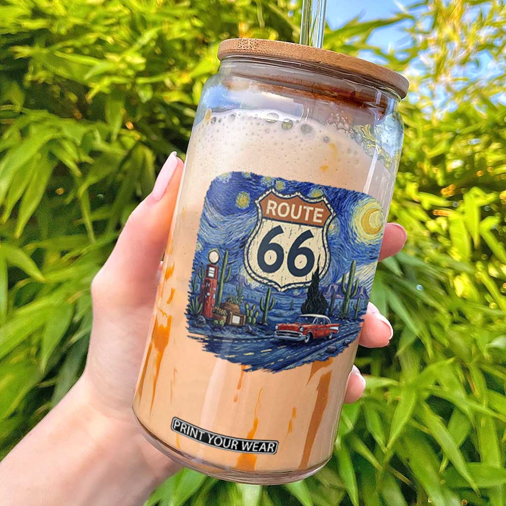 Route Highway 66 Road Sign Distressed Road Trip Starry Night Glass Can TS14 Black Print Your Wear