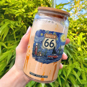 Route Highway 66 Road Sign Distressed Road Trip Starry Night Glass Can TS14 Black Print Your Wear