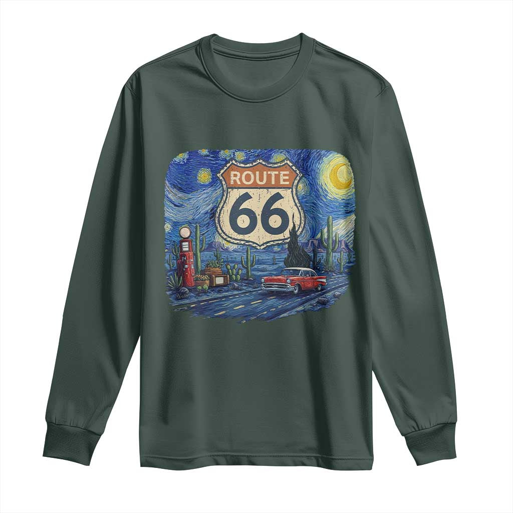 Route Highway 66 Road Sign Distressed Road Trip Starry Night Long Sleeve Shirt TS14 Dark Forest Green Print Your Wear
