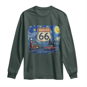 Route Highway 66 Road Sign Distressed Road Trip Starry Night Long Sleeve Shirt TS14 Dark Forest Green Print Your Wear