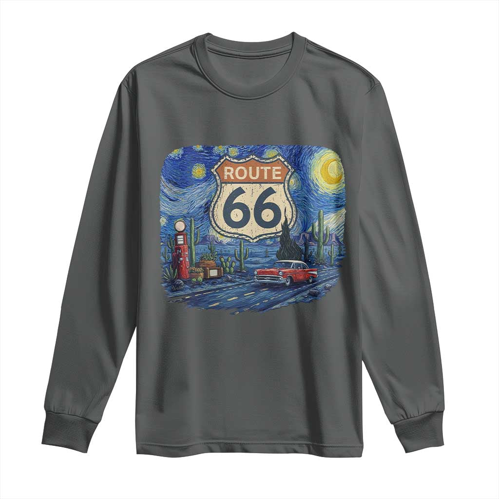 Route Highway 66 Road Sign Distressed Road Trip Starry Night Long Sleeve Shirt TS14 Dark Heather Print Your Wear
