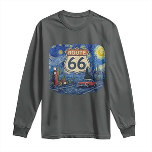 Route Highway 66 Road Sign Distressed Road Trip Starry Night Long Sleeve Shirt TS14 Dark Heather Print Your Wear