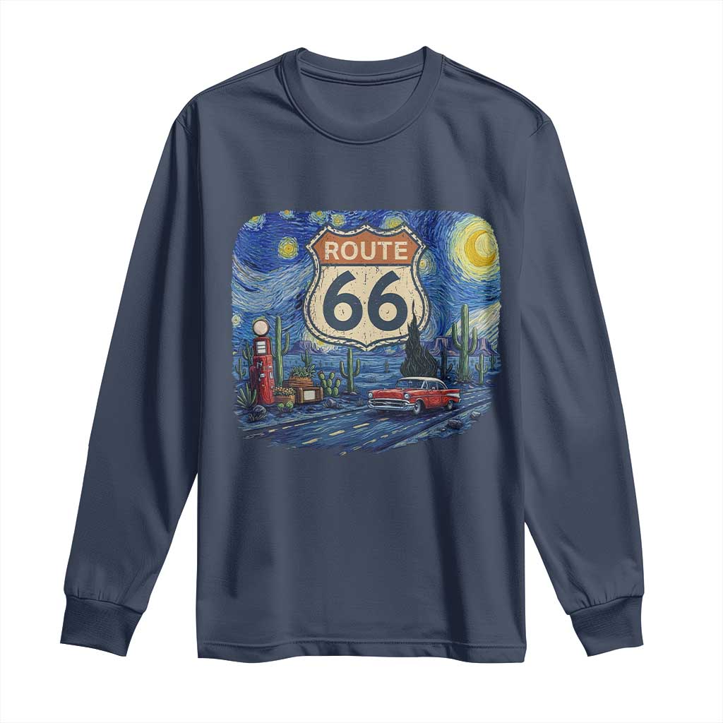 Route Highway 66 Road Sign Distressed Road Trip Starry Night Long Sleeve Shirt TS14 Navy Print Your Wear