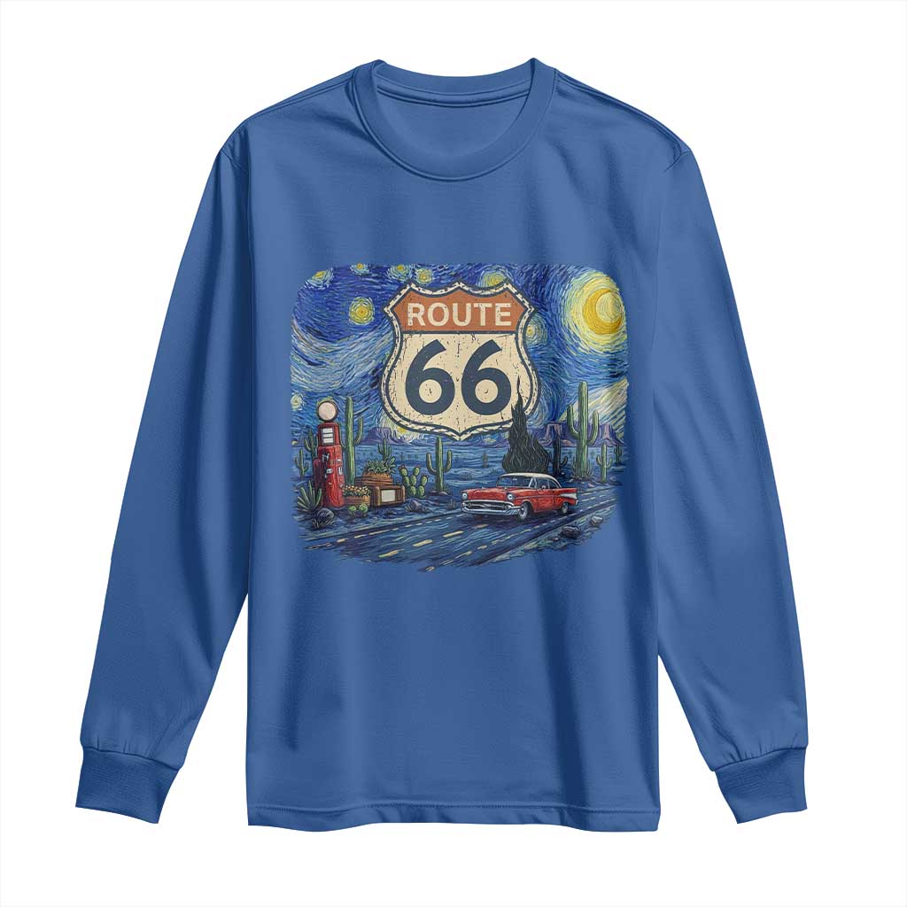 Route Highway 66 Road Sign Distressed Road Trip Starry Night Long Sleeve Shirt TS14 Royal Blue Print Your Wear