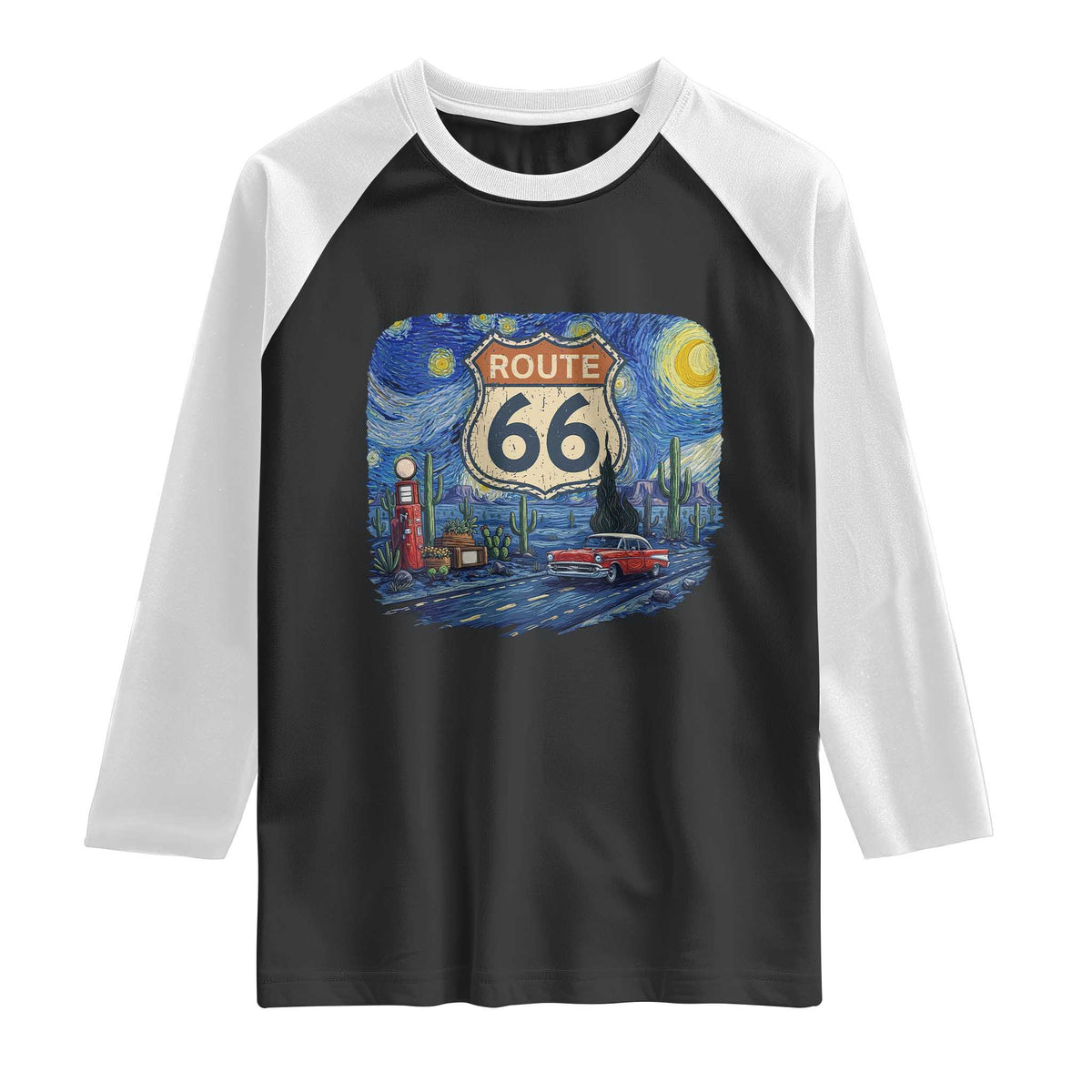 Route Highway 66 Road Sign Distressed Road Trip Starry Night Raglan Shirt TS14 Black White Print Your Wear