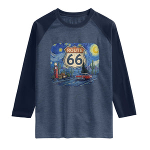 Route Highway 66 Road Sign Distressed Road Trip Starry Night Raglan Shirt TS14 Heather Denim Navy Print Your Wear