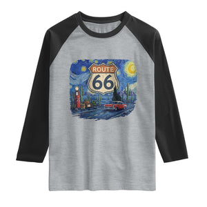 Route Highway 66 Road Sign Distressed Road Trip Starry Night Raglan Shirt TS14 Heather Gray Black Print Your Wear