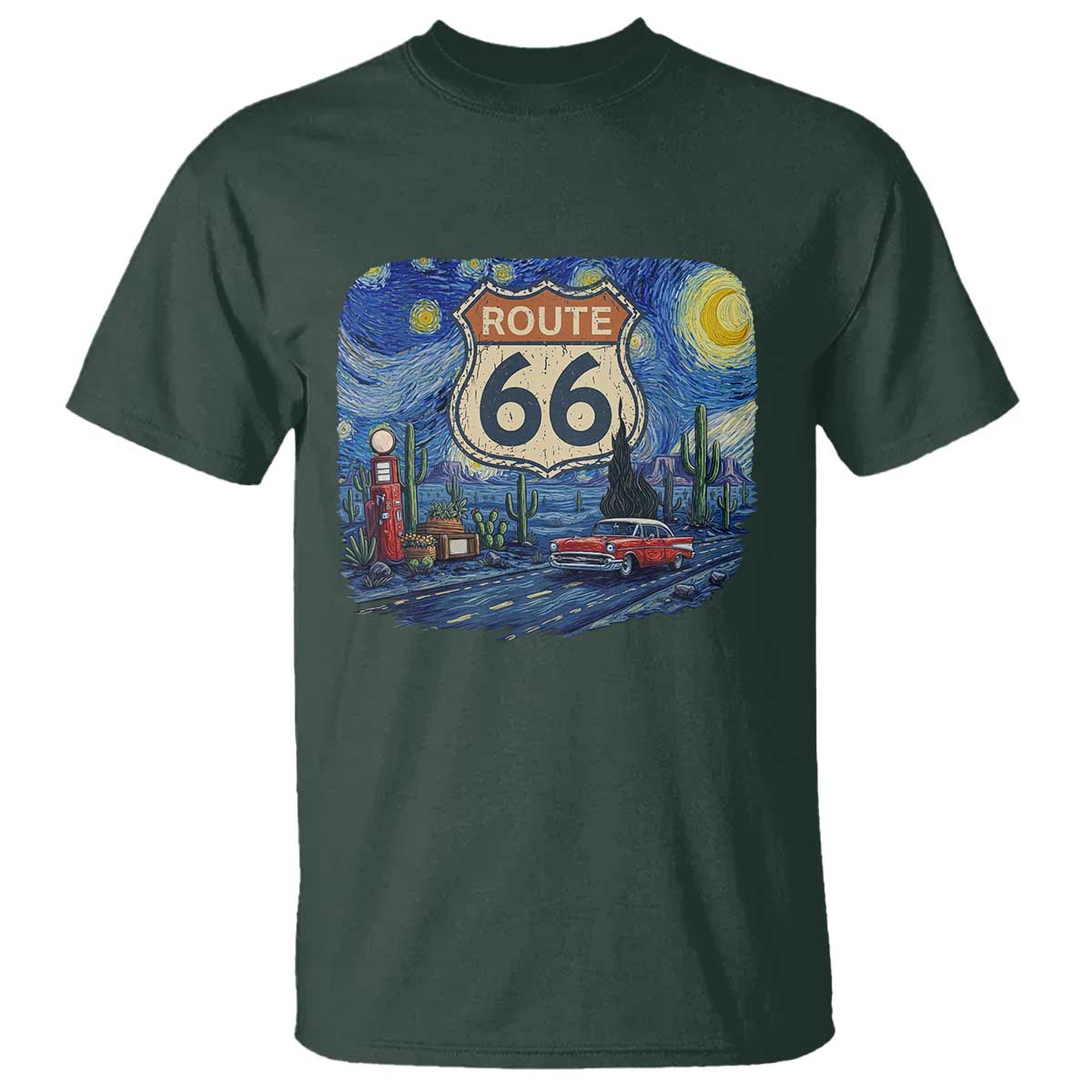 Route Highway 66 Road Sign Distressed Road Trip Starry Night T Shirt TS14 Dark Forest Green Print Your Wear