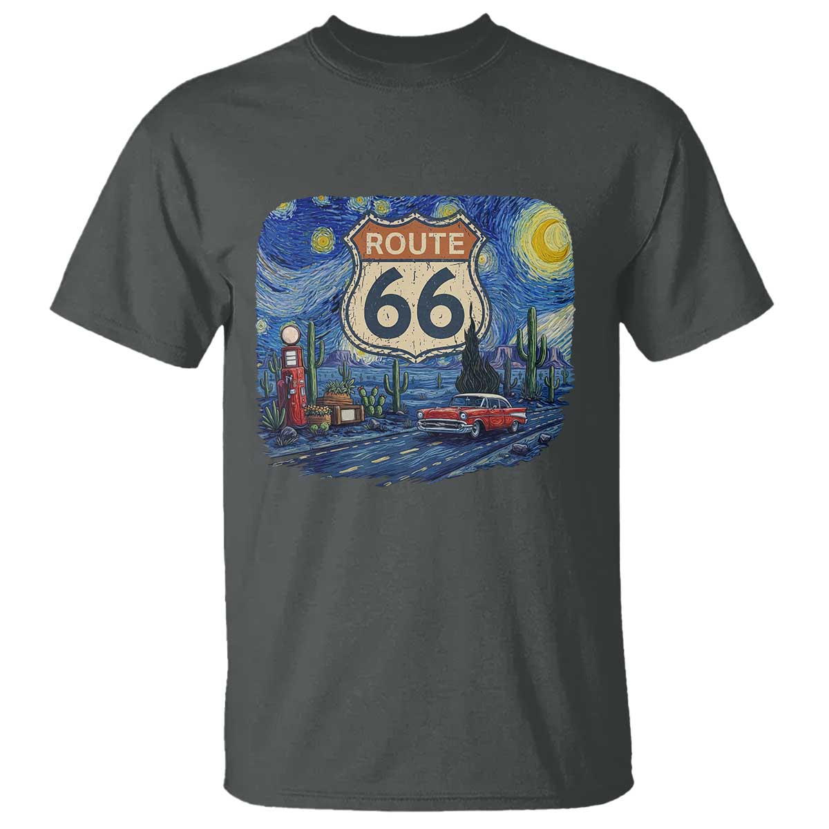 Route Highway 66 Road Sign Distressed Road Trip Starry Night T Shirt TS14 Dark Heather Print Your Wear