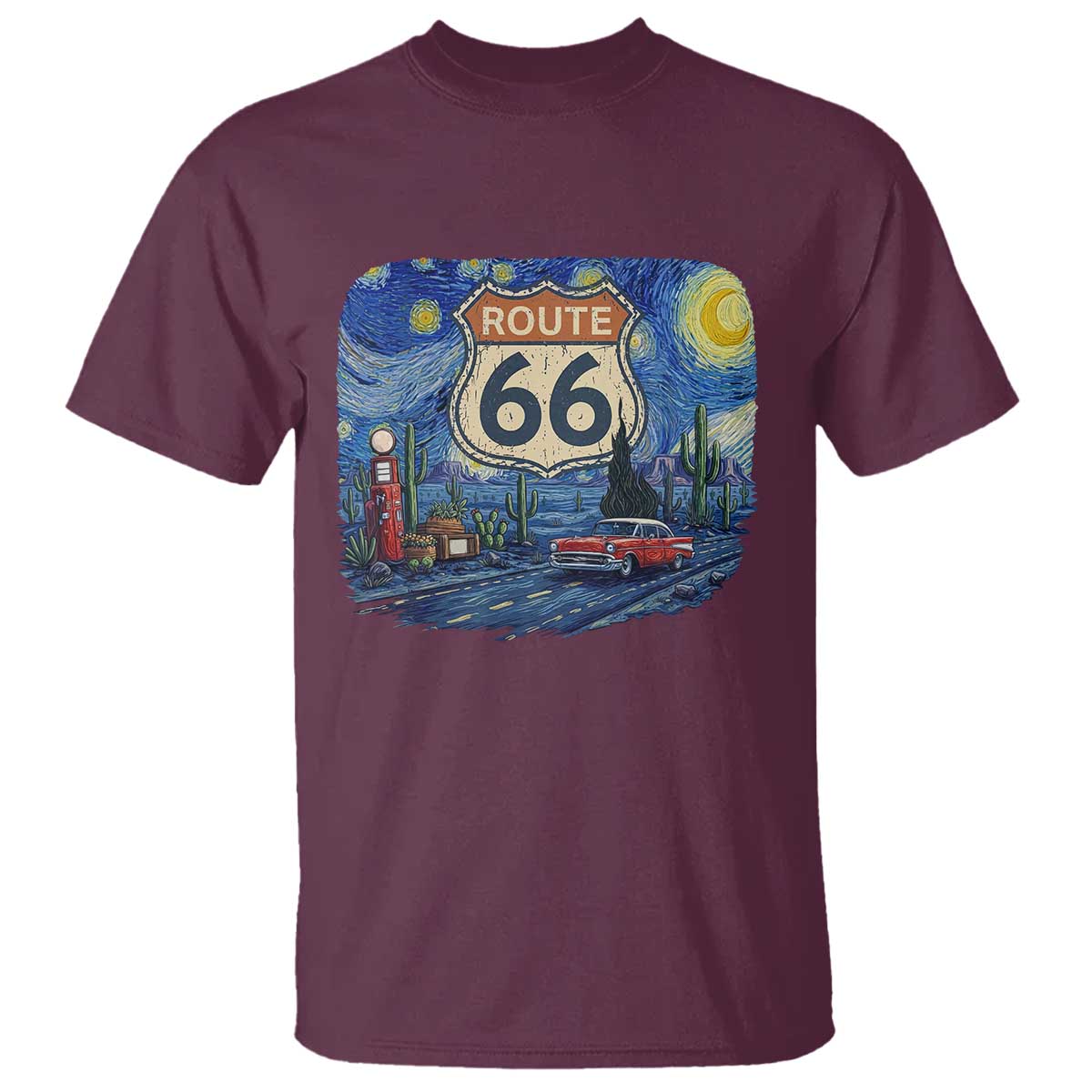 Route Highway 66 Road Sign Distressed Road Trip Starry Night T Shirt TS14 Maroon Print Your Wear