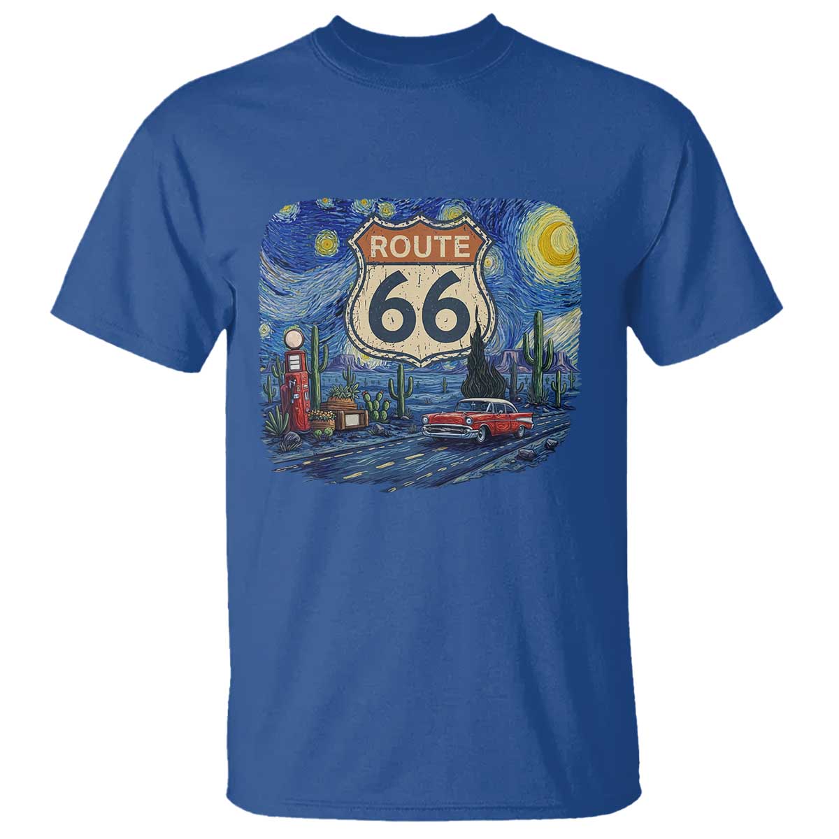Route Highway 66 Road Sign Distressed Road Trip Starry Night T Shirt TS14 Royal Blue Print Your Wear