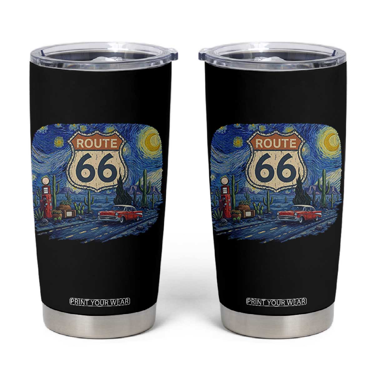Route Highway 66 Road Sign Distressed Road Trip Starry Night Tumbler Cup TS14 Black Print Your Wear
