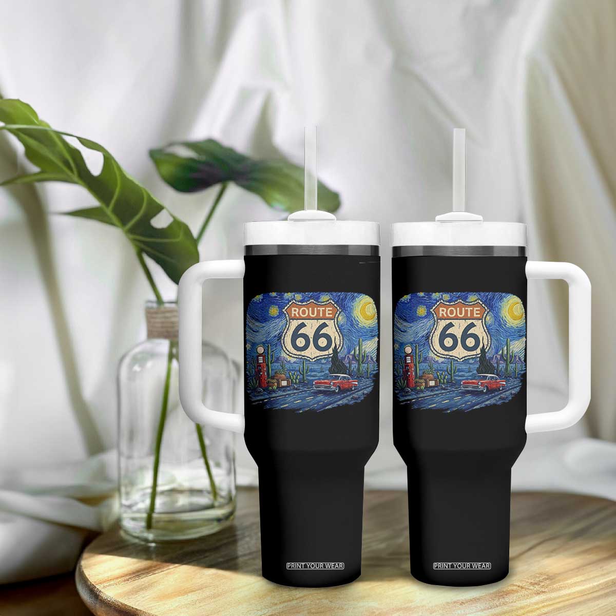 Route Highway 66 Road Sign Distressed Road Trip Starry Night Tumbler With Handle TS14 Print Your Wear