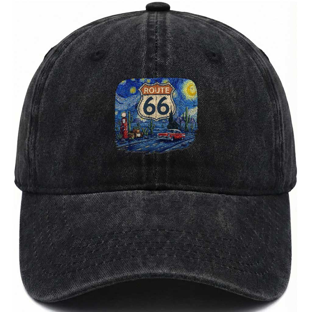 Route Highway 66 Road Sign Distressed Road Trip Starry Night Washed Cotton Baseball Cap TS14 Print Your Wear