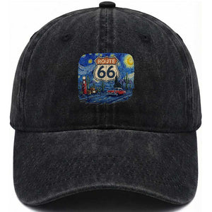 Route Highway 66 Road Sign Distressed Road Trip Starry Night Washed Cotton Baseball Cap TS14 Print Your Wear