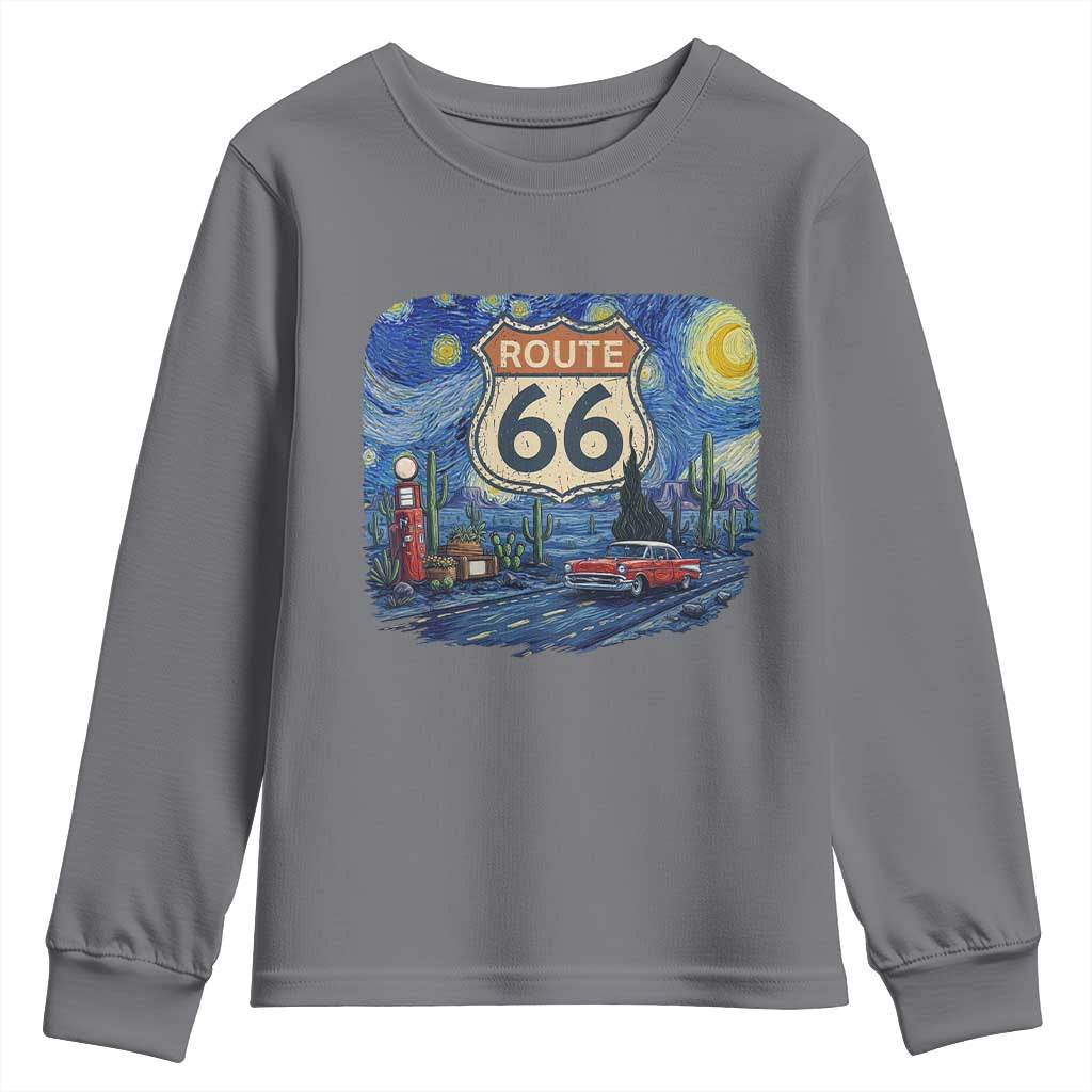 Route Highway 66 Road Sign Distressed Road Trip Starry Night Youth Sweatshirt TS14 Charcoal Print Your Wear