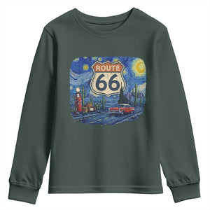 Route Highway 66 Road Sign Distressed Road Trip Starry Night Youth Sweatshirt TS14 Dark Forest Green Print Your Wear