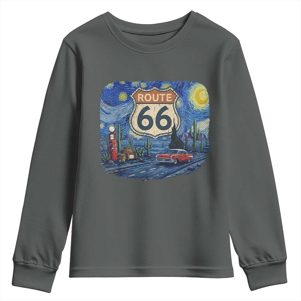 Route Highway 66 Road Sign Distressed Road Trip Starry Night Youth Sweatshirt TS14 Dark Heather Print Your Wear