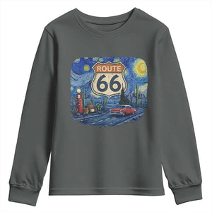 Route Highway 66 Road Sign Distressed Road Trip Starry Night Youth Sweatshirt TS14 Dark Heather Print Your Wear