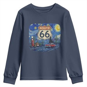 Route Highway 66 Road Sign Distressed Road Trip Starry Night Youth Sweatshirt TS14 Navy Print Your Wear