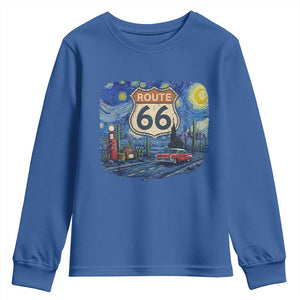 Route Highway 66 Road Sign Distressed Road Trip Starry Night Youth Sweatshirt TS14 Royal Blue Print Your Wear