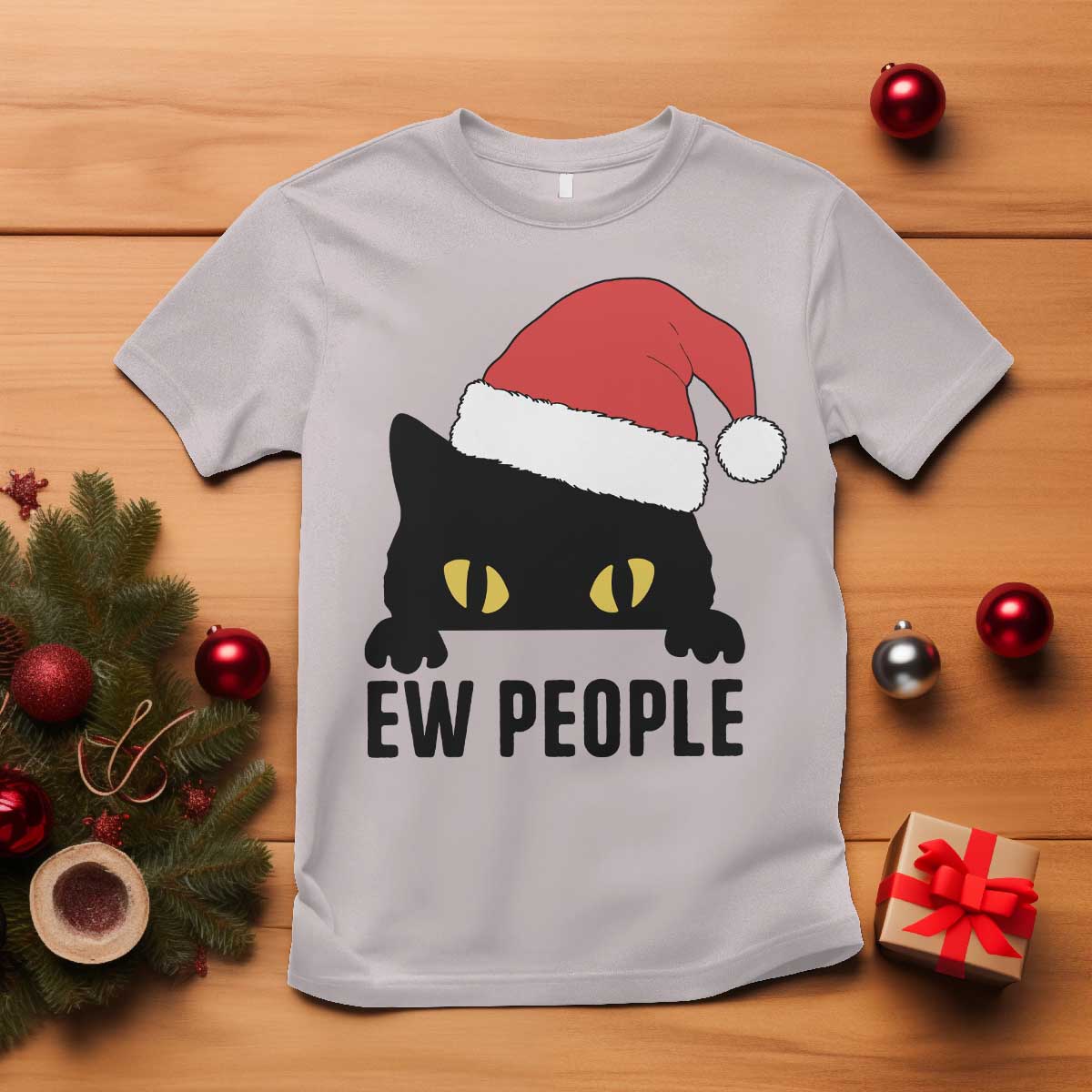 Funny Cat Christmas T Shirt Ew People Anti Social Grumpy Cat Xmas TS14 Ice Gray Print Your Wear