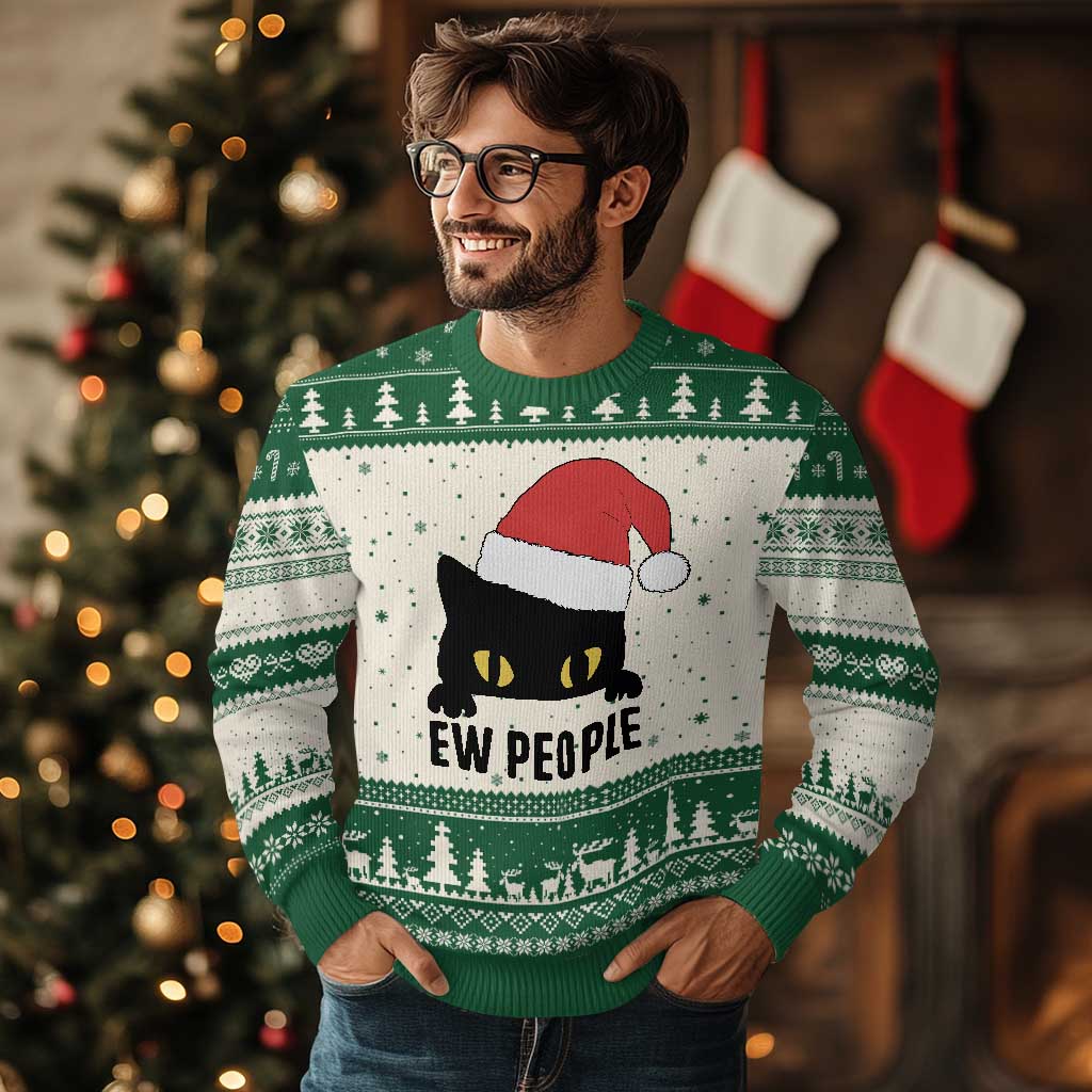 Funny Cat Xmas Ugly Christmas Sweater Ew People Anti Social Grumpy Cat Xmas TS14 Beige Green Print Your Wear