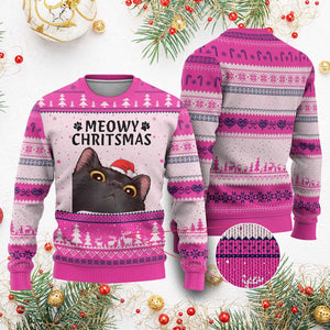 Funny Black Cat Xmas Ugly Christmas Sweater Cute Kitty Xmas TS14 Hot Pink Print Your Wear